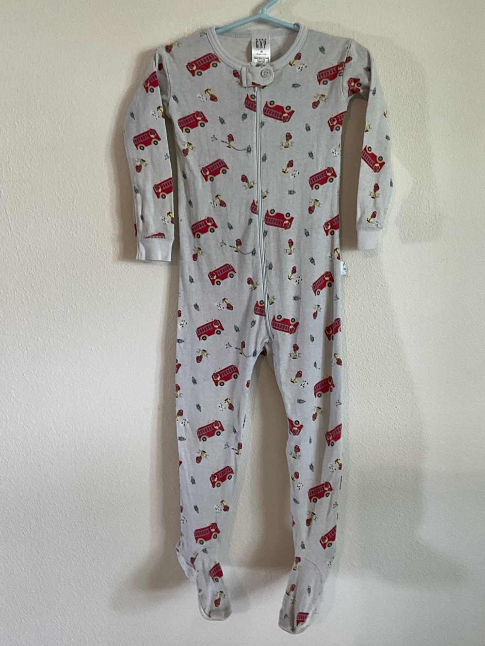 Vintage GAP Blue Gray Footed One-Piece Pajamas with Red Fire Trucks 18-24